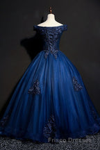 Off The Shoulder Lace Up Floor Length Princess Formal Prom Dress With Lace Appliques
