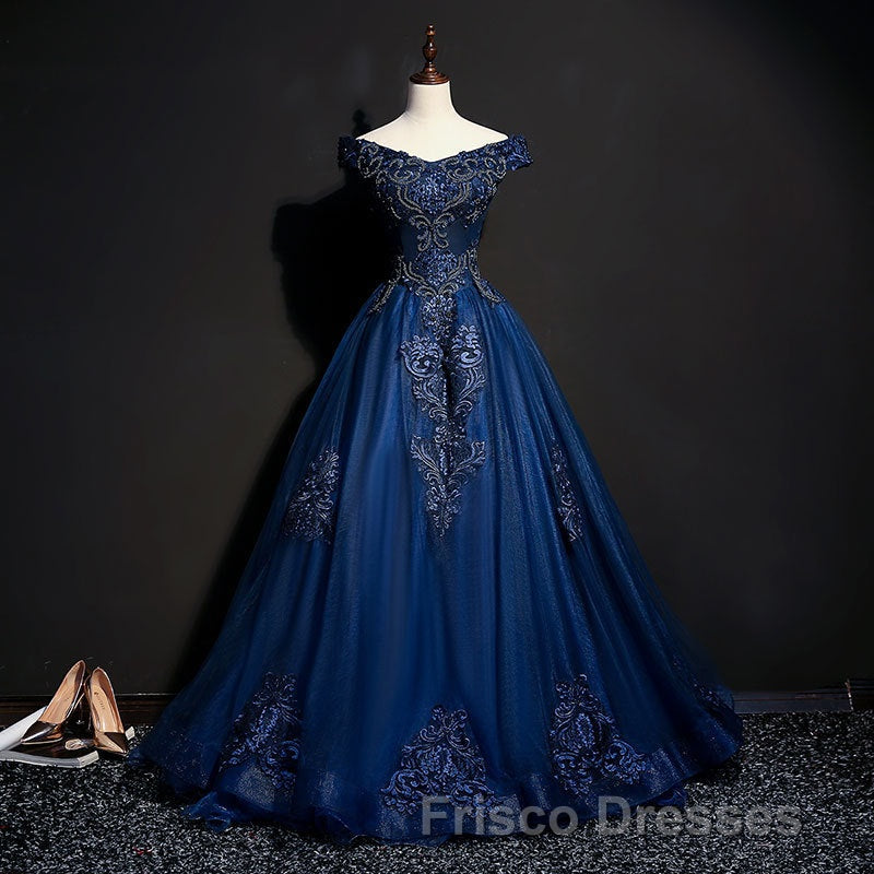 Off The Shoulder Lace Up Floor Length Princess Formal Prom Dress With Lace Appliques