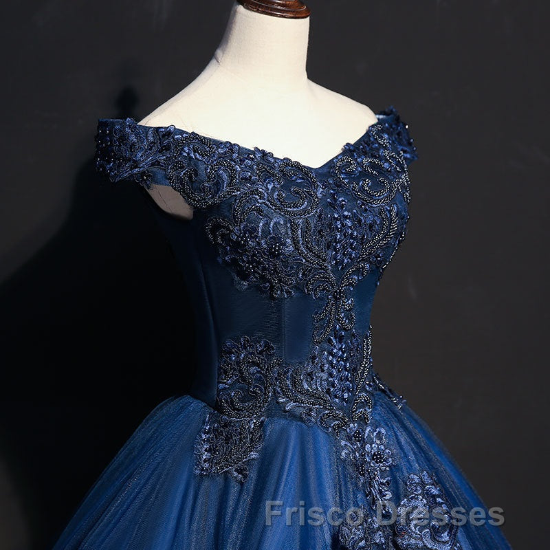 Off The Shoulder Lace Up Floor Length Princess Formal Prom Dress With Lace Appliques