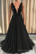 Formal Prom Deep V-neck Long Black Party Formal Prom Dress With Lace Appliques