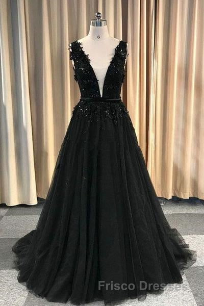 Formal Prom Deep V-neck Long Black Party Formal Prom Dress With Lace Appliques