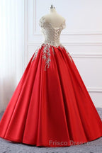 Modest Red Cap Sleeves Ball Gowns Lace Satin Formal Prom Dress Evening Dress