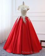 Modest Red Cap Sleeves Ball Gowns Lace Satin Formal Prom Dress Evening Dress