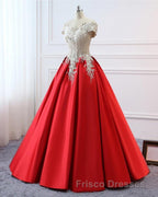 Modest Red Cap Sleeves Ball Gowns Lace Satin Formal Prom Dress Evening Dress