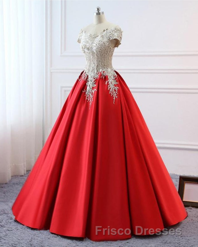 Modest Red Cap Sleeves Ball Gowns Lace Satin Formal Prom Dress Evening Dress