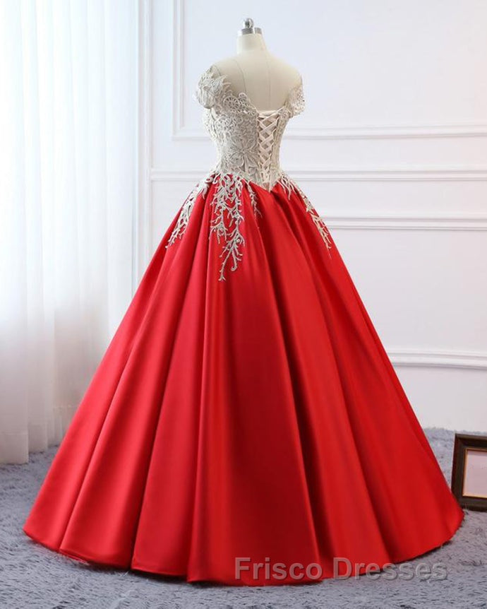 Modest Red Cap Sleeves Ball Gowns Lace Satin Formal Prom Dress Evening Dress