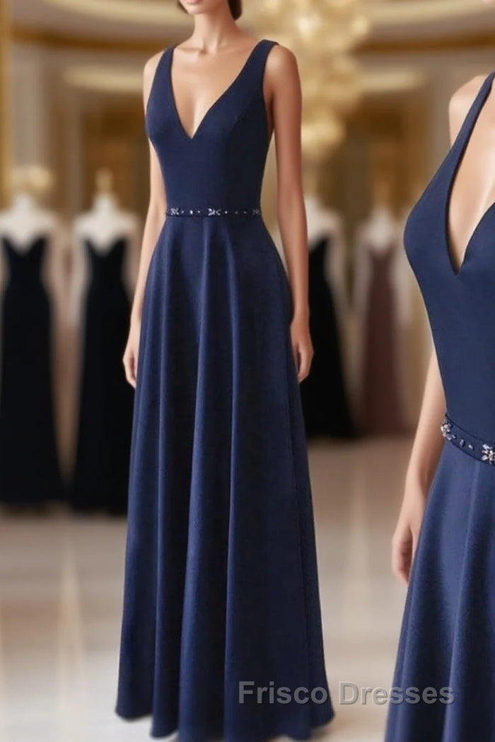 Navy Blue V-neck Floor Length Simple Cute Long Formal Prom Dress Main image