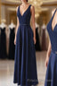 Navy Blue V-neck Floor Length Simple Cute Long Formal Prom Dress