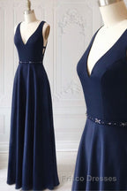 Navy Blue V-neck Floor Length Simple Cute Long Formal Prom Dress
