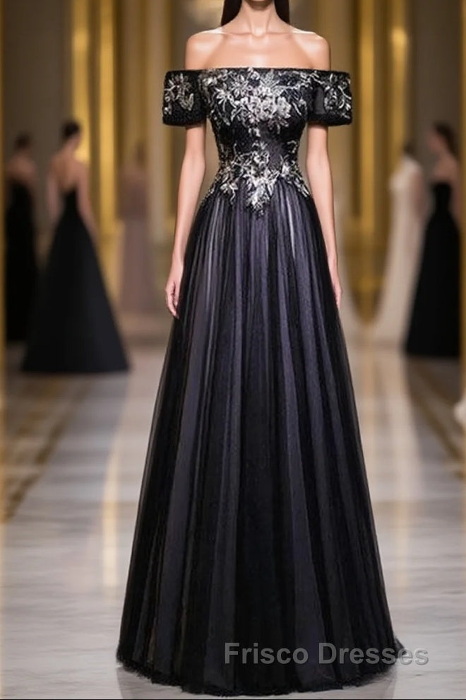 Beauty Off The Shoulder Floor Length Lace Up Long Black Formal Prom Dress With Appliques Main image