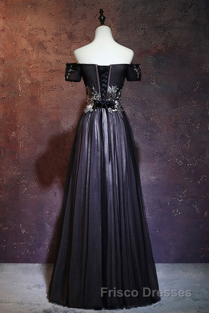 Beauty Off The Shoulder Floor Length Lace Up Long Black Formal Prom Dress With Appliques Secondary image