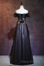 Beauty Off The Shoulder Floor Length Lace Up Long Black Formal Prom Dress With Appliques
