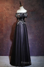 Beauty Off The Shoulder Floor Length Lace Up Long Black Formal Prom Dress With Appliques