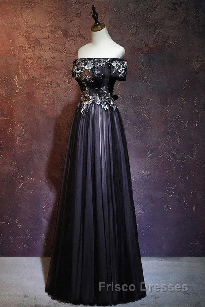 Beauty Off The Shoulder Floor Length Lace Up Long Black Formal Prom Dress With Appliques