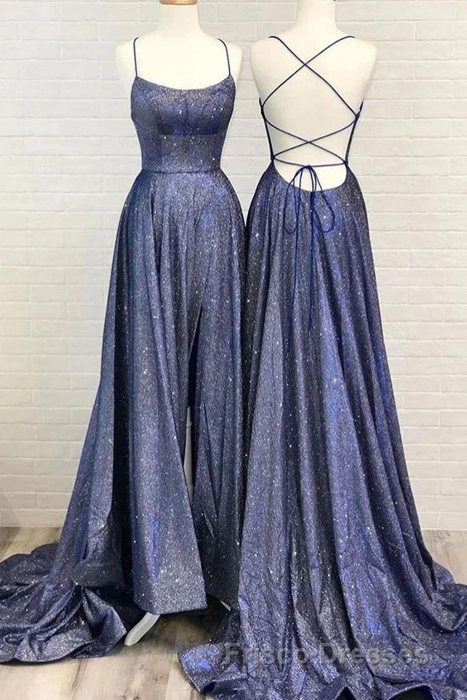 Beautiful Spaghetti Straps Backless Long Blue Party Formal Prom Dress