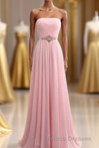Elegant Strapless A-line Pink Chiffon Long Formal Prom Dress Girly Dress