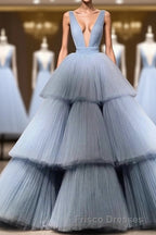 Modest Ball Gown Long V-neck Light Blue Princess Formal Prom Dress Quinceanera Dress