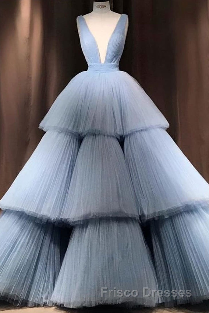 Modest Ball Gown Long V-neck Light Blue Princess Formal Prom Dress Quinceanera Dress