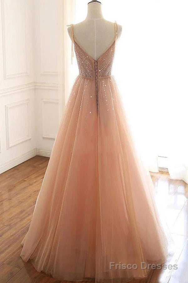 Tulle A-line Lace Up Back Straps Evening Dresses Sequins Prom Dresses Secondary image