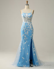 Mermaid Spaghetti Straps Key Hole Back Prom Dress With Split