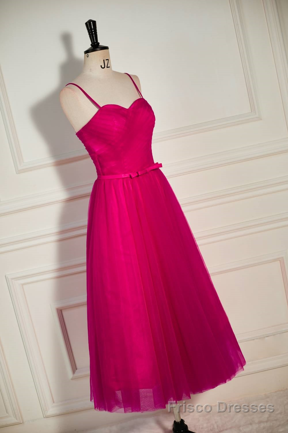 Fuchsia Straps A-line Tulle Tea-Length Prom Dress Secondary image
