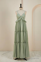 Sage Lace-Up Deep V Neck Ruffled Empire Long Prom Dress