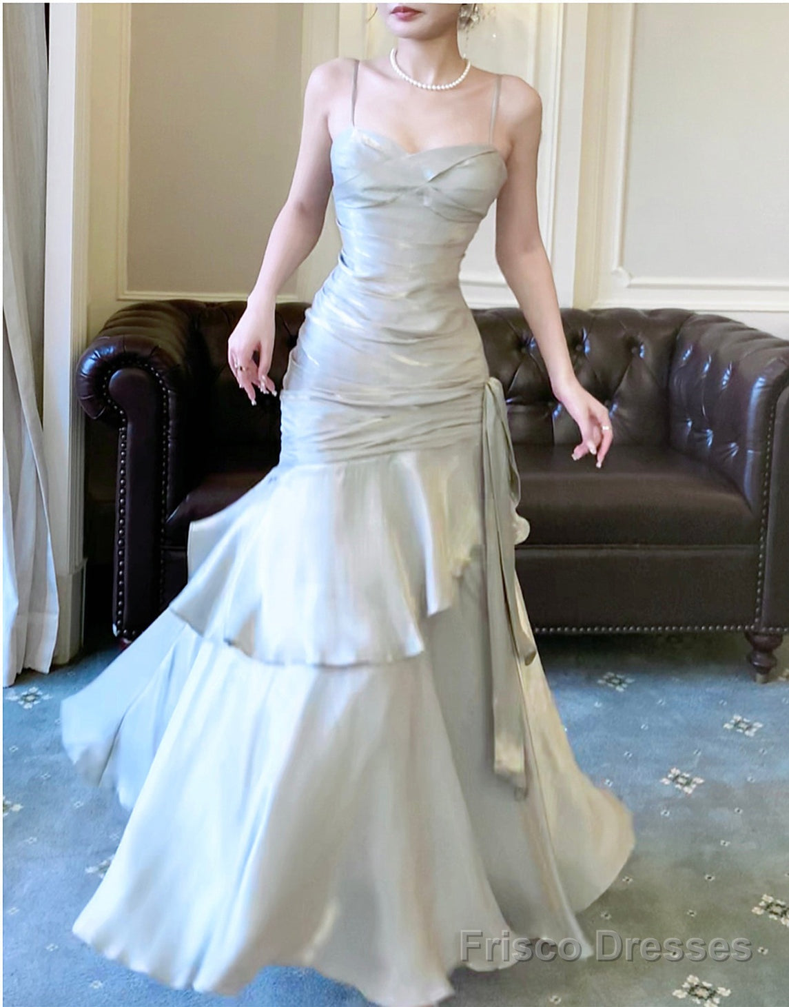 Sliver Grey Satin Straps Long Formal Gown, Cute Long Prom Dress Secondary image