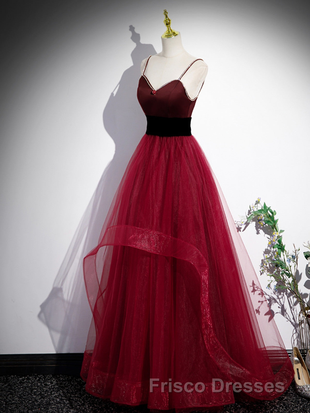 Wine Red Straps Beaded Sweetheart Tulle Formal Prom Dress, Wine Red A-Line Formal Prom Dress