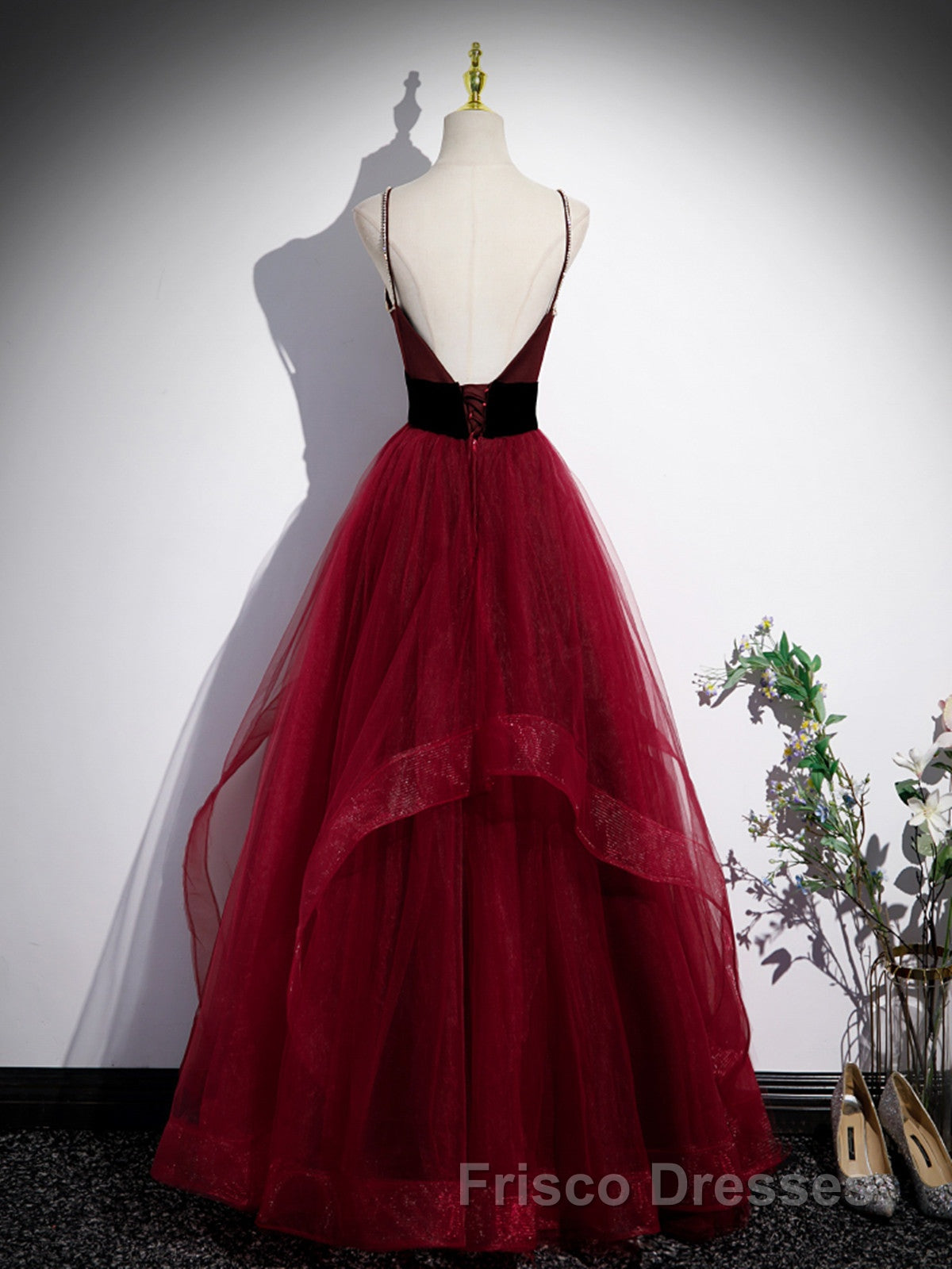 Wine Red Straps Beaded Sweetheart Tulle Formal Prom Dress, Wine Red A-Line Formal Prom Dress