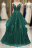 A-Line Tulle With Lace Applique Straps Long Party Dress, Green Tulle Formal Prom Dress