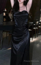 Vintage Prom Dresses 90S, Black Split Spaghetti Strap Prom Dress Long With Slit