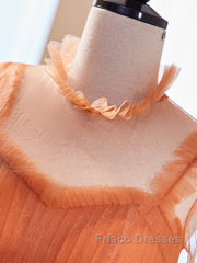 Unique High Neck Tulle Long Formal Prom Dress, Orange Formal Evening Dress