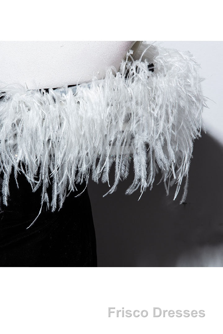 Black Velvet Mermaid Formal Prom Dress with Feather, Off the Shoulder Long Evening Gown