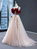 UniqueDresss Vintage Red Straps Tulle Formal Prom Dress, Elegant Applique Formal Prom Dress