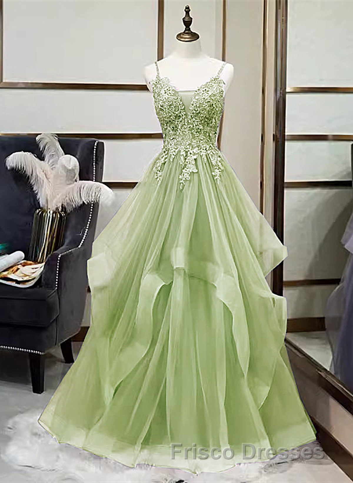 A-Line Tulle With Lace Applique Straps Long Party Dress, Green Tulle Formal Prom Dress Secondary image