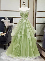 A-Line Tulle With Lace Applique Straps Long Party Dress, Green Tulle Formal Prom Dress