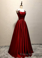 Wine Red Satin Straps Round Neckline Party Dress, Wine Red Long Formal Prom Dress