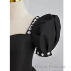 Black Sweetheart Short Sleeves Beaded Party Dress, A-Line Black Satin Formal Prom Dress