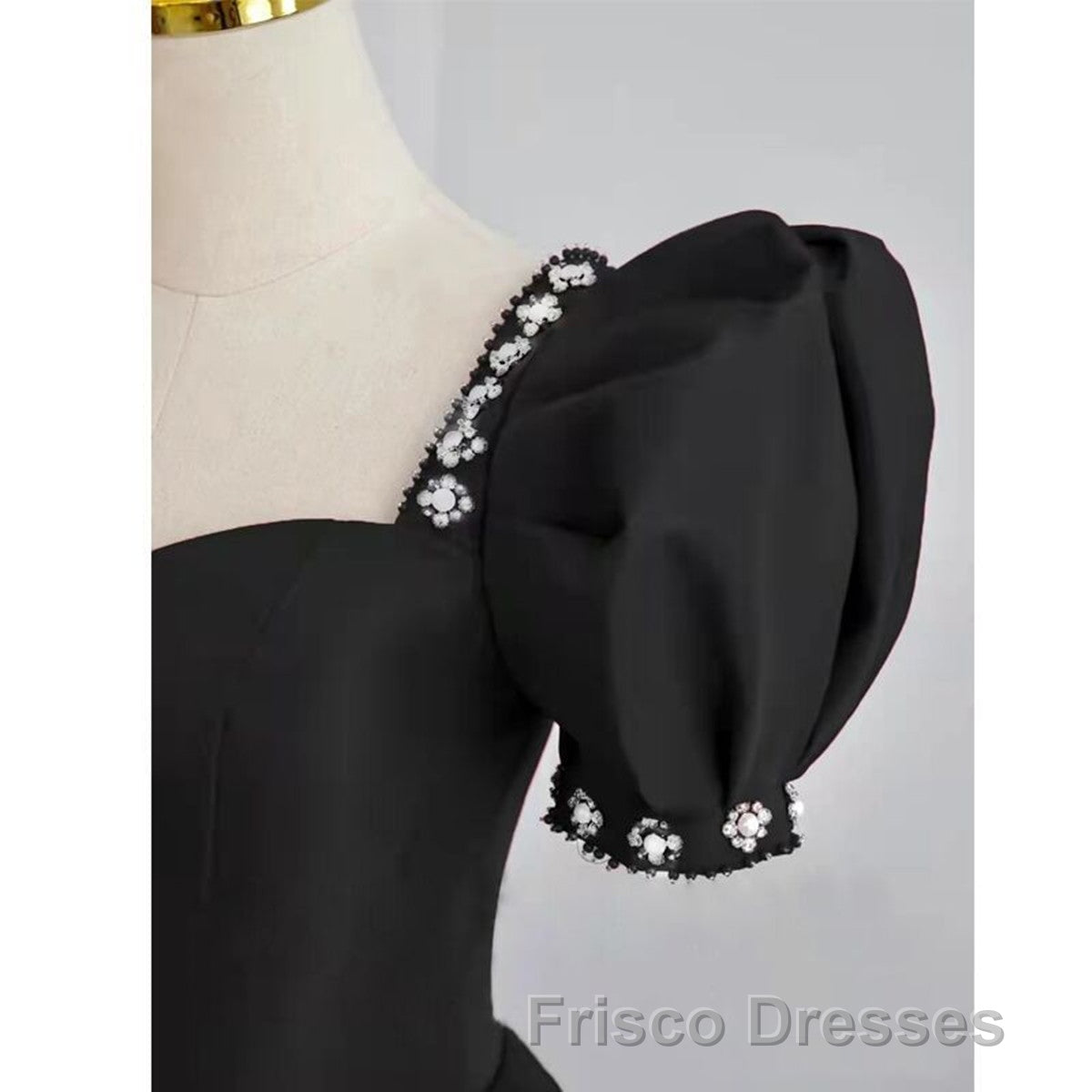Black Sweetheart Short Sleeves Beaded Party Dress, A-Line Black Satin Formal Prom Dress