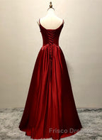 Wine Red Satin Straps Round Neckline Party Dress, Wine Red Long Formal Prom Dress