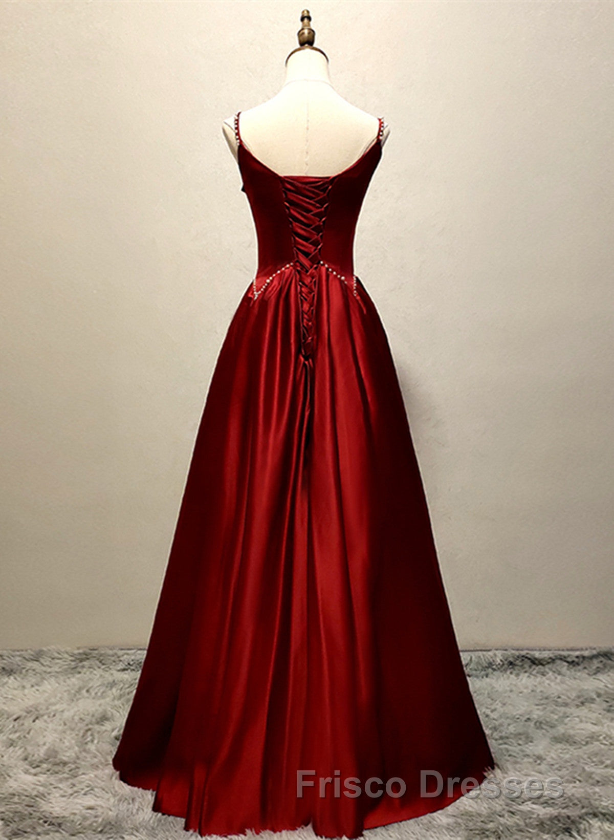 Wine Red Satin Straps Round Neckline Party Dress, Wine Red Long Formal Prom Dress