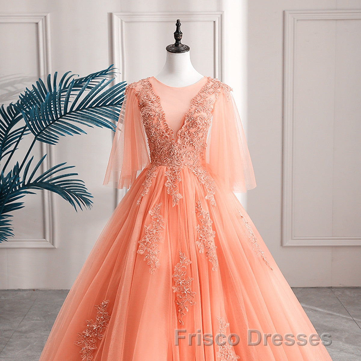 Lovey Tulle V-Neckline Long Party Dress With Lace, A-Line Tulle Sweet 16 Dress Secondary image