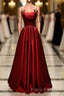 Wine Red Satin Straps Round Neckline Party Dress, Wine Red Long Formal Prom Dress