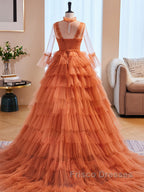 Unique High Neck Tulle Long Formal Prom Dress, Orange Formal Evening Dress