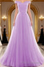 Beautiful Lavender Tulle Off Shoulder Long Formal Prom Dress, Beautiful Party Gowns