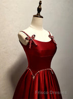 Wine Red Satin Straps Round Neckline Party Dress, Wine Red Long Formal Prom Dress