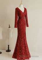 Wine Red Long Sleeves Mermaid Long Formal Prom Dress, Wine Red Formal Prom Dress