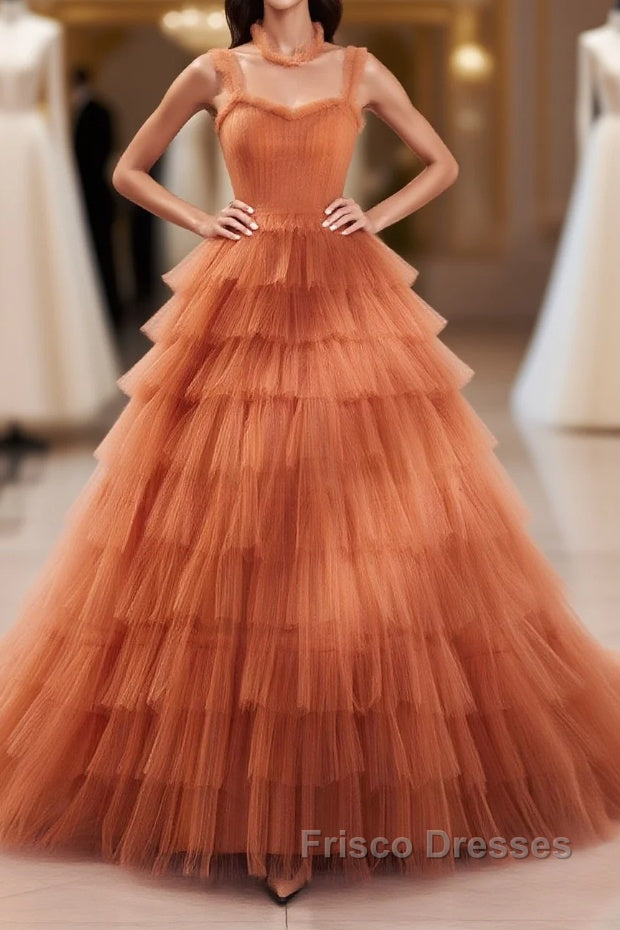 Unique High Neck Tulle Long Formal Prom Dress, Orange Formal Evening Dress Main image