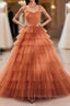Unique High Neck Tulle Long Formal Prom Dress, Orange Formal Evening Dress