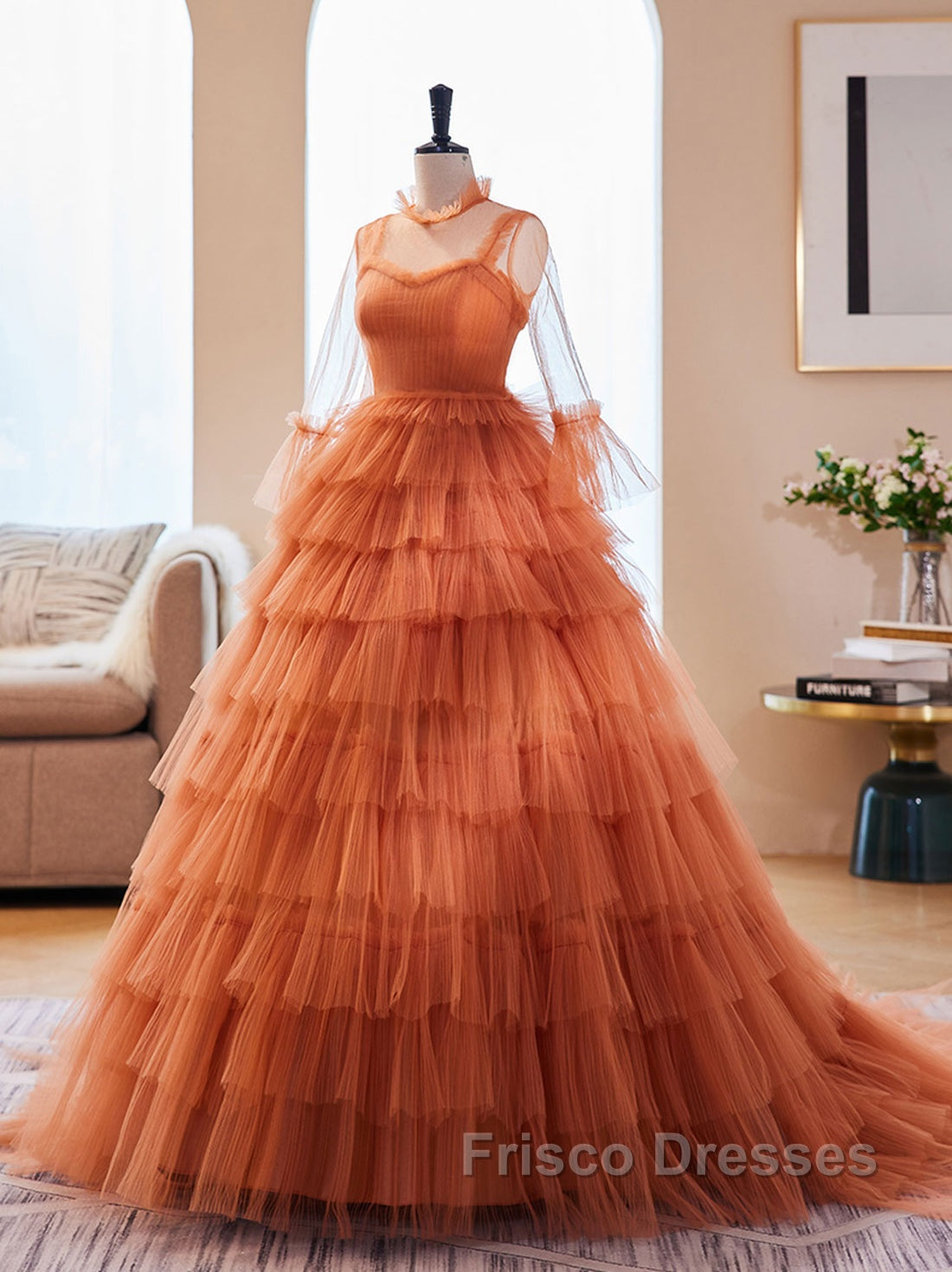 Unique High Neck Tulle Long Formal Prom Dress, Orange Formal Evening Dress Secondary image